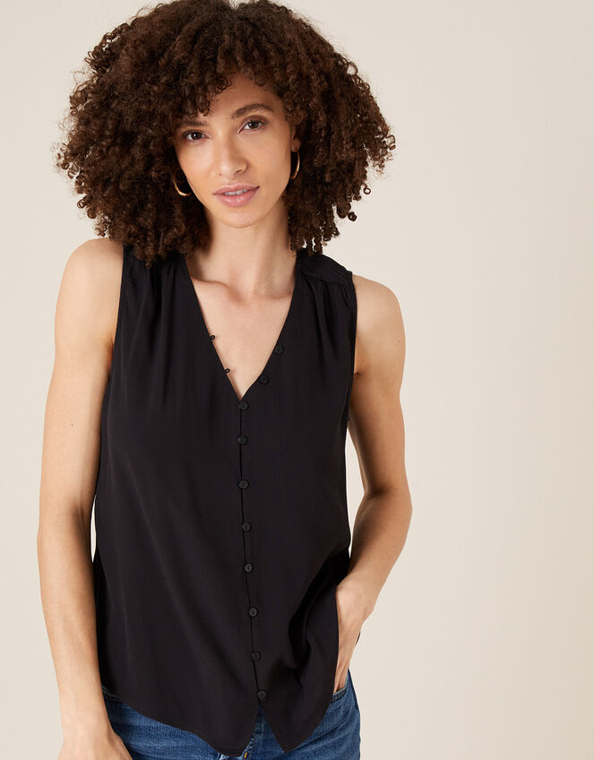Button Front V-Neck Tank Top, Black (BLACK), large