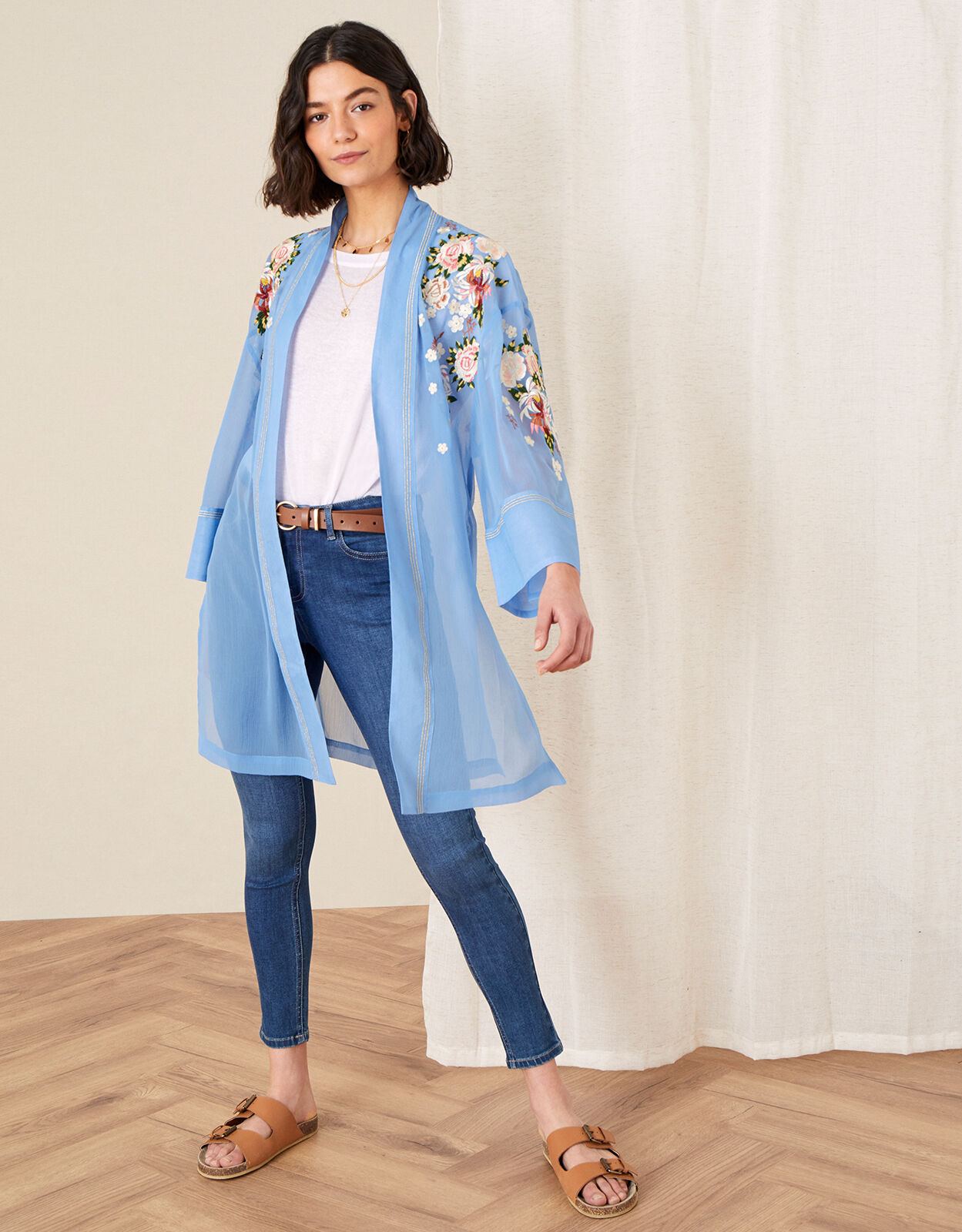 Sheer Embroidered Longline Kimono Blue Women s Jackets Monsoon Global