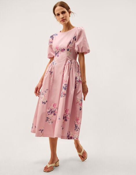 Amber Puff Sleeve Floral Midi Dress, Pink (PINK), large