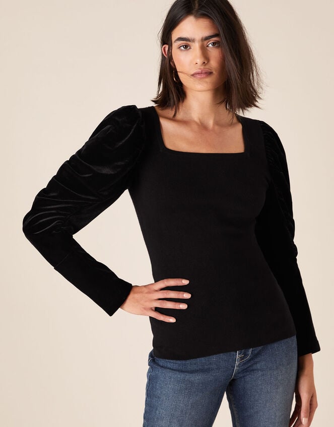 Velvet Sleeve Jumper, Black (BLACK), large