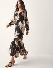 Rowena Floral Print Ruffle Maxi Dress, Black (BLACK), large