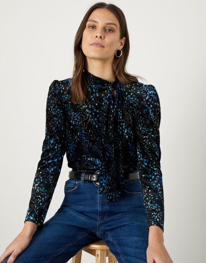 Arni Animal Star Pussybow Top, Black (BLACK), large