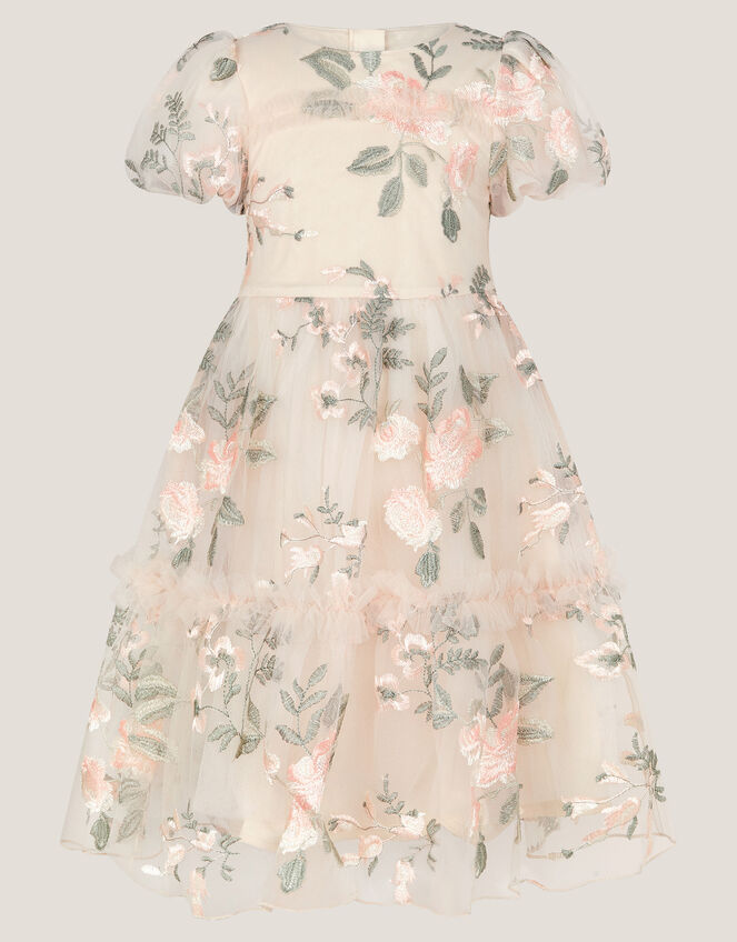 Azalea Puff Sleeve Embroidered Dress, White (WARM IVORY), large