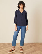 Frill Neck Button Blouse, Blue (NAVY), large