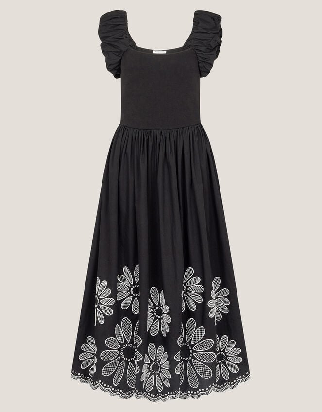 Ella Frill Floral Embroidered Midi Dress, Black (BLACK), large