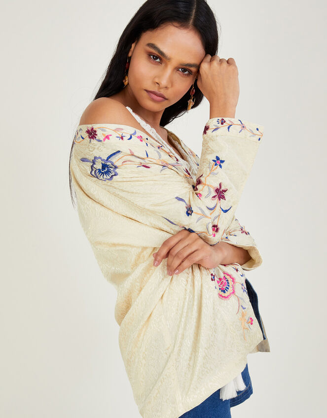 Embroidered Satin Jacquard Kimono , Ivory (IVORY), large