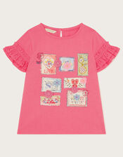 Stamp Print Ruffle T-Shirt, Pink (PINK), large