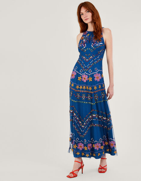 Theodora Embroidered Maxi Dress in Recycled Polyester, Blue (BLUE), large