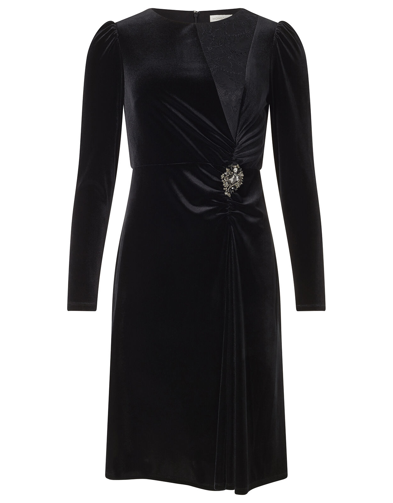 Hannah Crystal Brooch Stretch Velvet Dress Black Work Dresses Monsoon Global