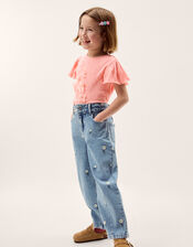Daisy Embroidered Barrel Jeans, Blue (BLUE), large