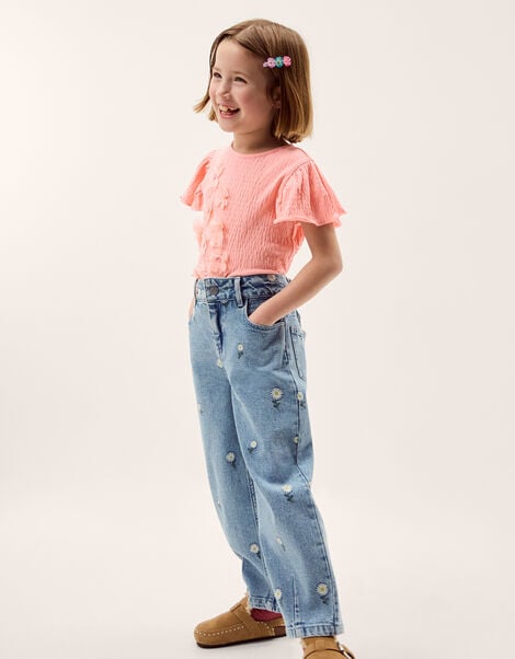 Daisy Embroidered Barrel Jeans, Blue (BLUE), large