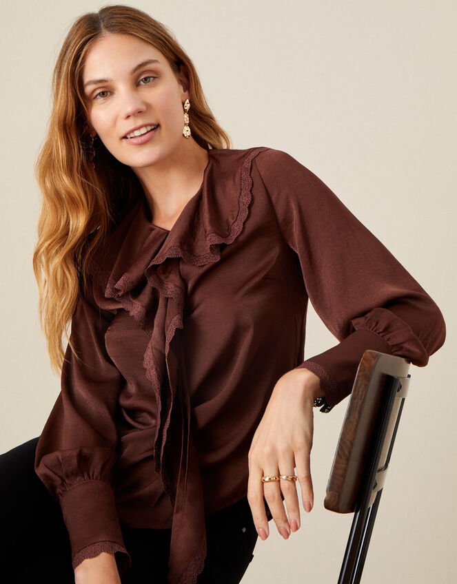 Quinn Ruffle Satin Long Sleeve Blouse, Brown (CHOCOLATE), large