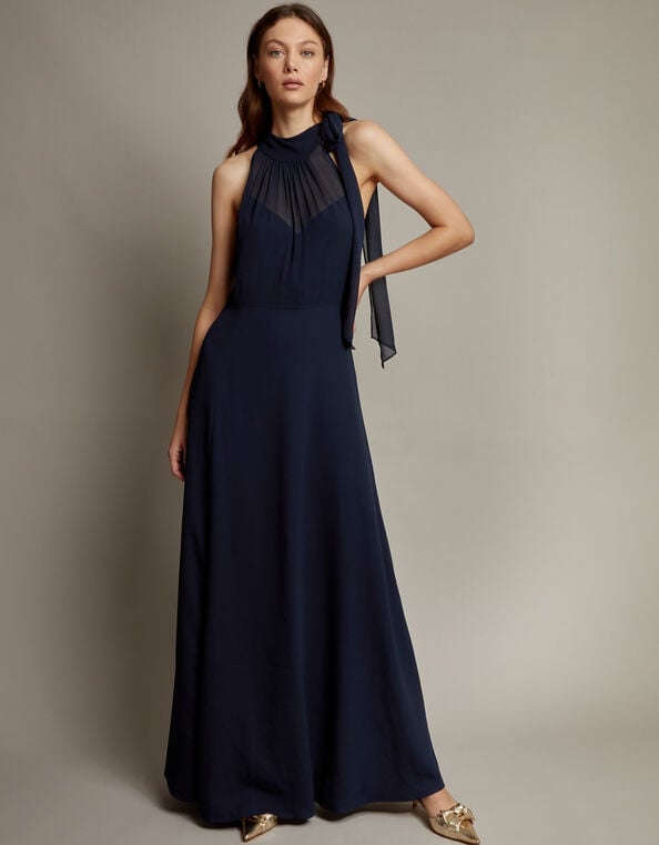 Monika Halter Chiffon Maxi Dress, Blue (NAVY), large