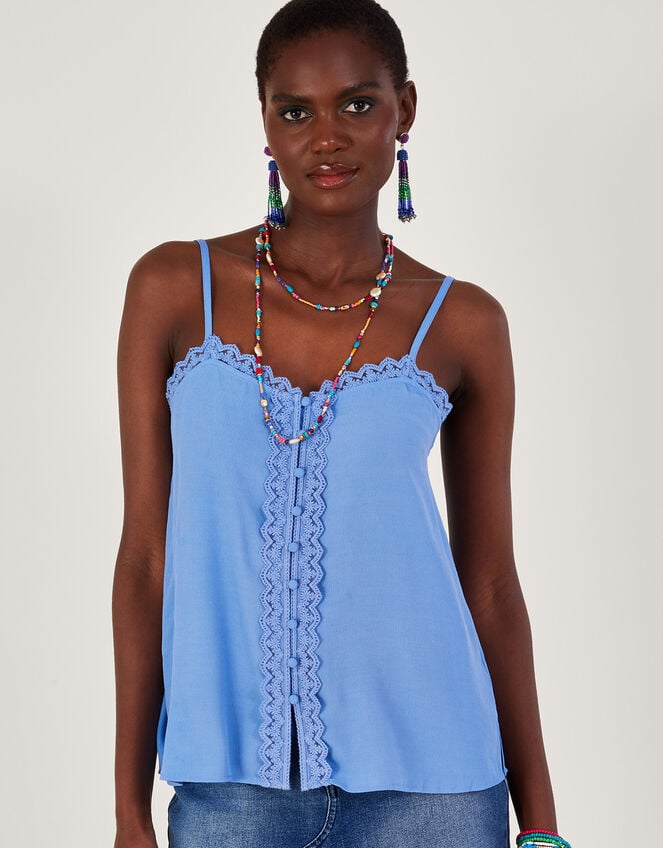 Leila Lace Button-Through Cami Top Blue, Vests, Camisoles And Sleeveless  Tops