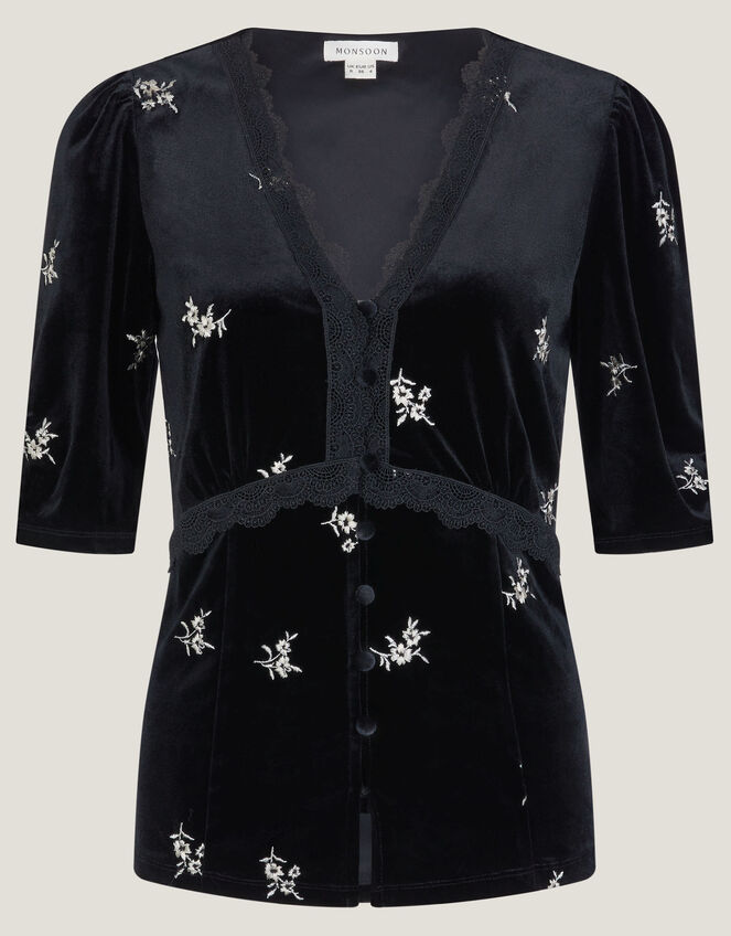 Erin Floral Lace Velvet Top, Black (BLACK), large