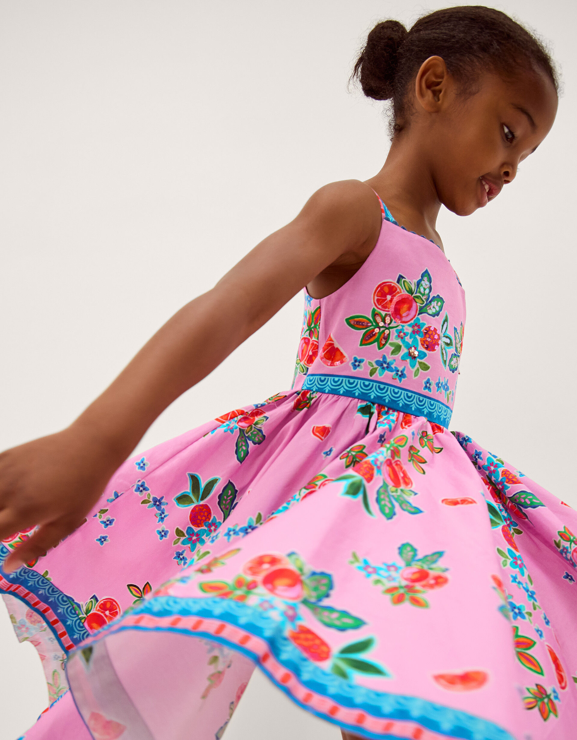 Oriana Fruit Print Hanky Hem Dress Pink | Girls' Dresses | Monsoon US.