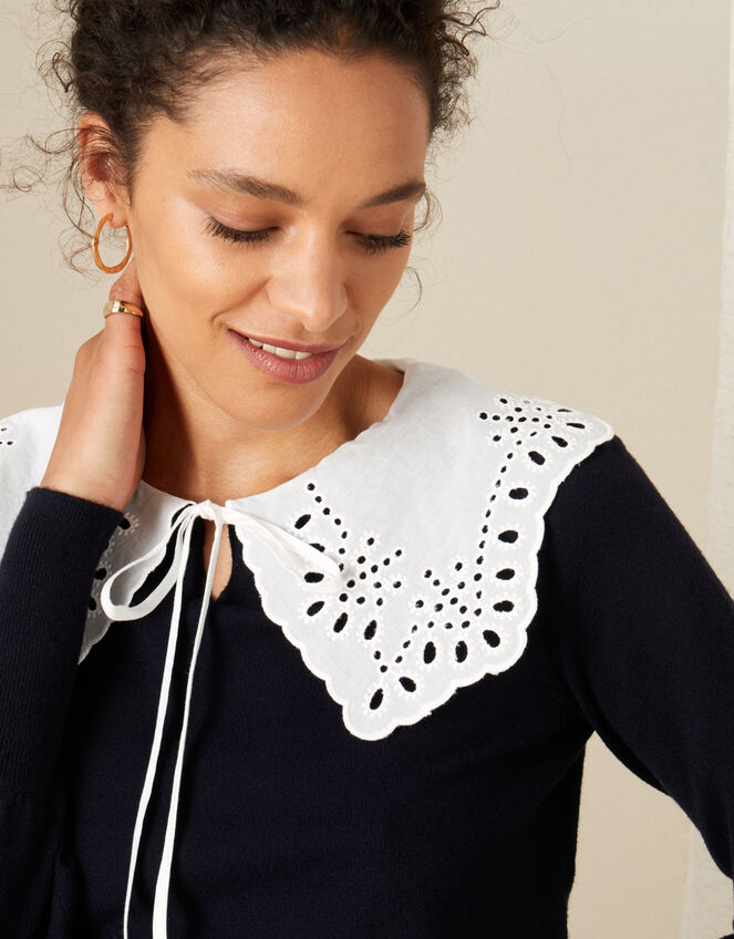 Bella Broderie Collar Jumper, Blue (NAVY), large