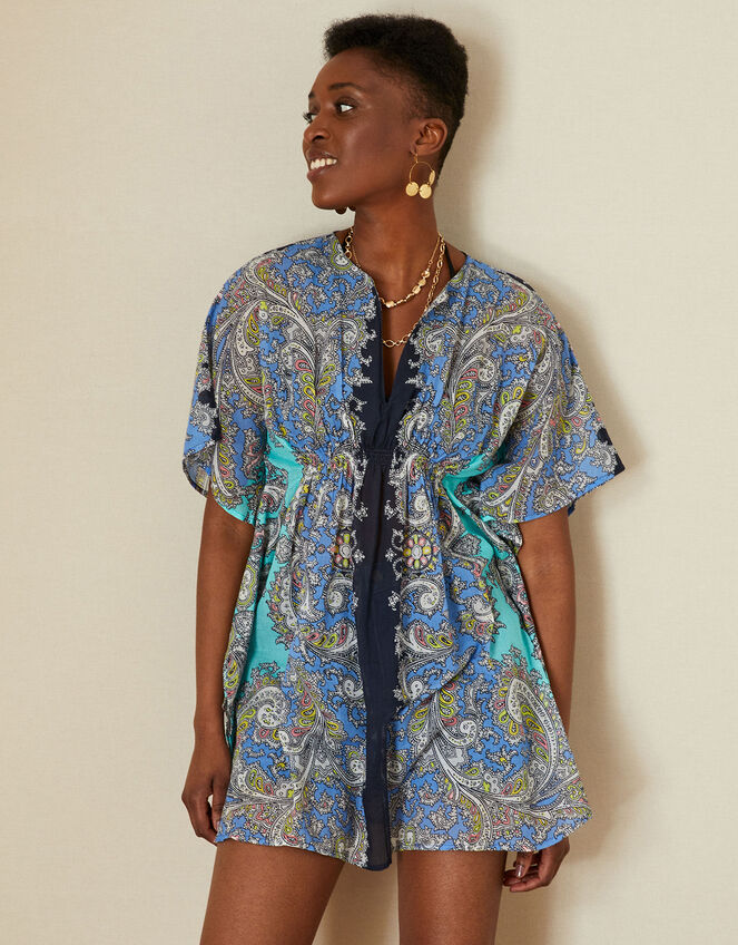 Paisley Print Kaftan in Organic Cotton, Blue (NAVY), large