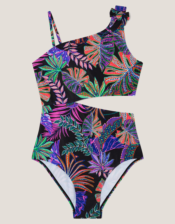 Tropical Print Asymmetrical Cut-Out Swimsuit, Black (BLACK), large