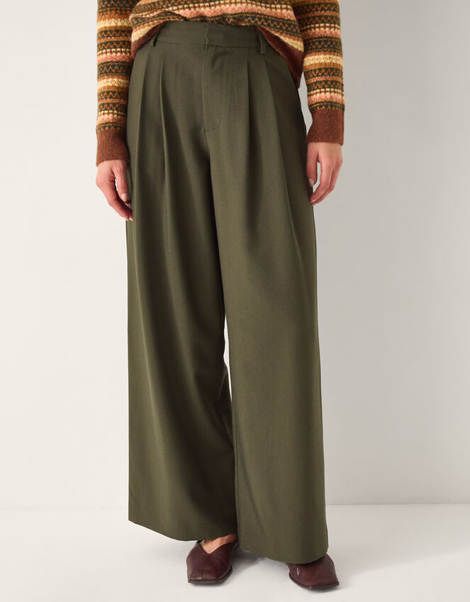 Esther Pleat Wide Leg Trousers, Green (KHAKI), large