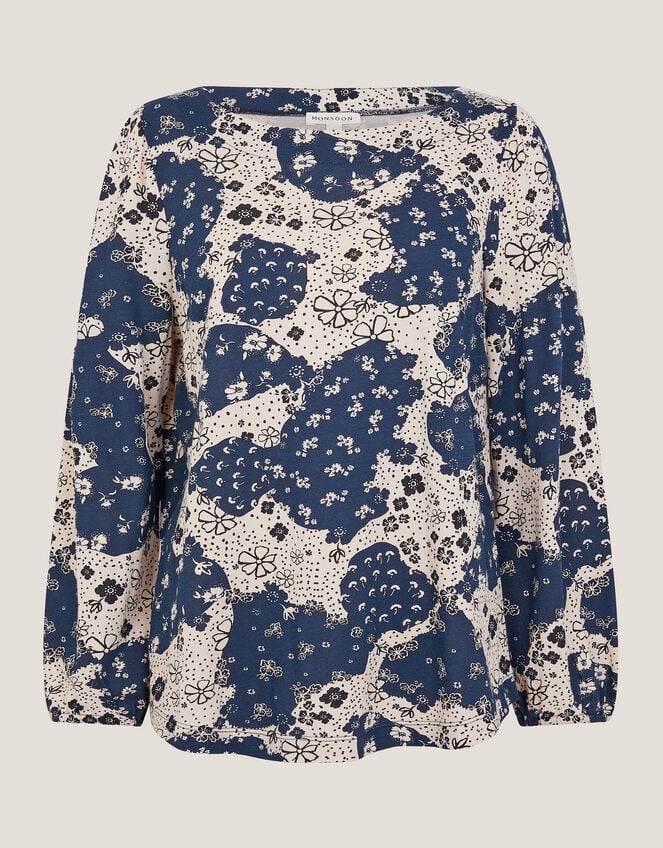 Alison Abstract Floral Jersey Top, Blue (NAVY), large