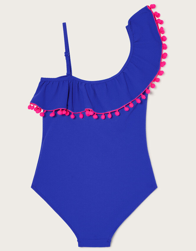 One-Shoulder Pom-Pom Swimsuit, Blue (BLUE), large