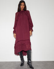 Kelly Long Sleeve Ruffle Midi Dress, Red (BERRY), large