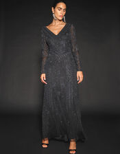 Lorelai Beaded Long Sleeve Maxi Dress, Black (BLACK), large