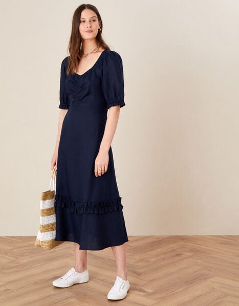 Frill Trim Dress in Pure Linen Blue, Blue (NAVY), large