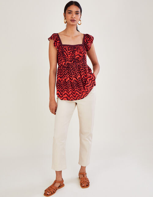 Ruched Bodice Zig-Zag Animal Print Top, Red (RED), large