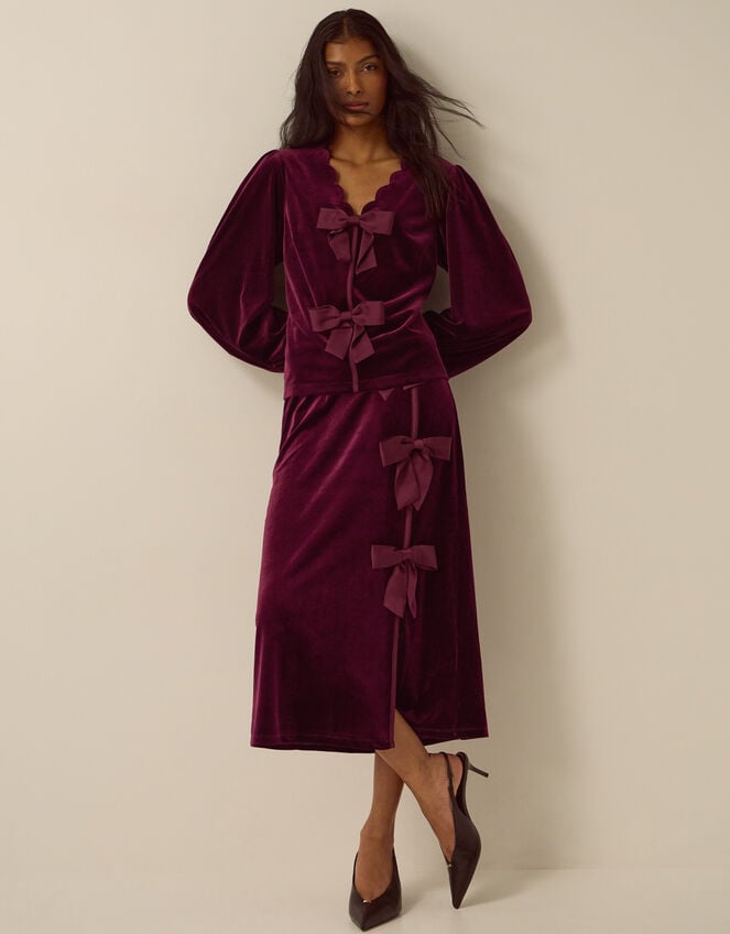 Buffy Bow Velvet Midi Skirt, Red (BURGUNDY), large
