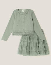Embellished Cardigan & Mesh Tiered Skirt Set, Green (SAGE), large