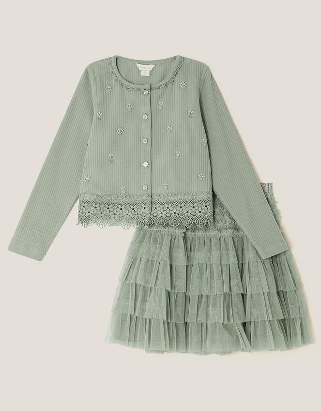 Embellished Cardigan & Mesh Tiered Skirt Set, Green (SAGE), large