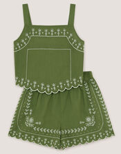 Embroidered Scallop Tank & Shorts Set, Green (KHAKI), large
