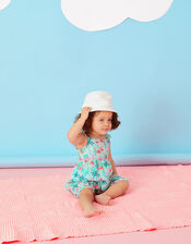 Baby Flamingo Print Romper in Linen Blend, Blue (AQUA), large
