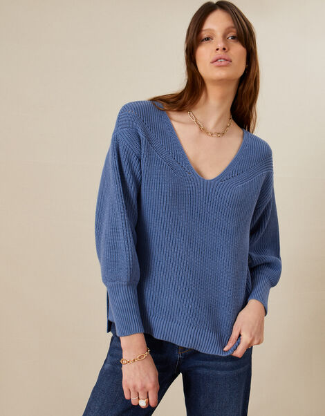 Ribbed V-Neck Jumper in Sustainable Cotton Blue, Blue (BLUE), large