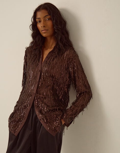 Shelby Sequin Fringe Satin Shirt, Brown (CHOCOLATE), large