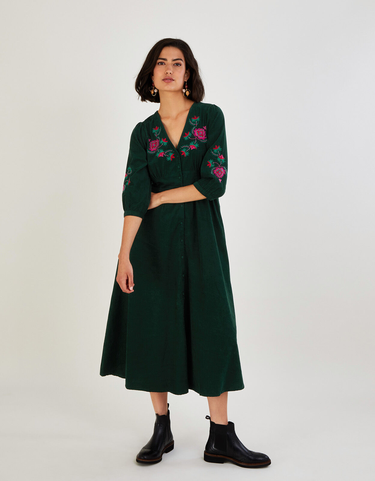 Embroidered Corduroy Tiered Midi Dress Green