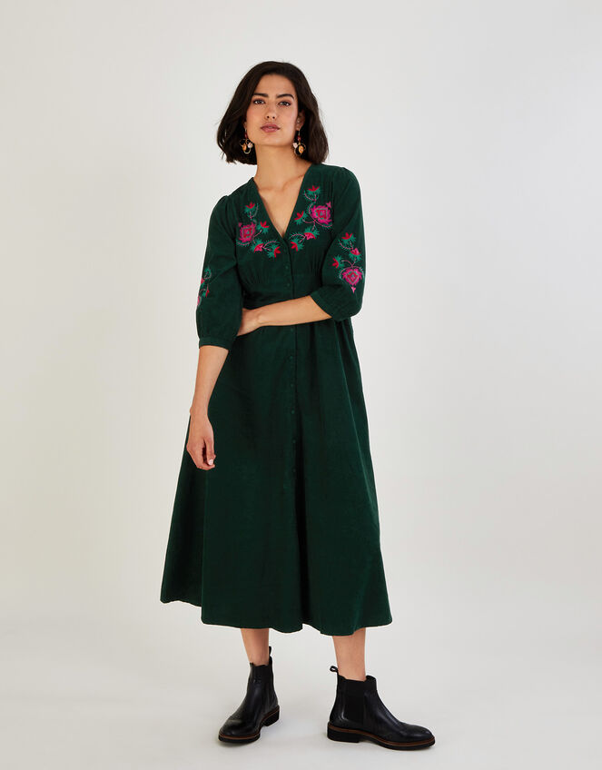 Embroidered Corduroy Tiered Midi Dress, Green (GREEN), large