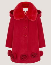 Baby Faux Fur Collar Rosette Coat, Red (RED), large