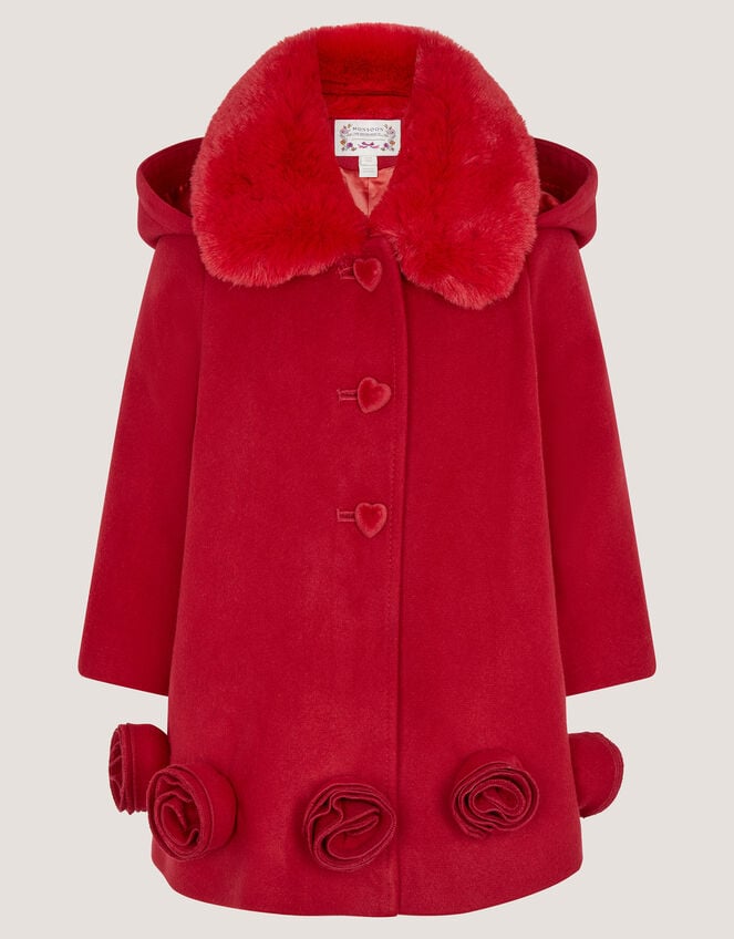 Baby Faux Fur Collar Rosette Coat, Red (RED), large