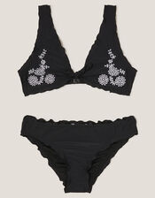 Embroidered Frill Bikini Set, Black (BLACK), large