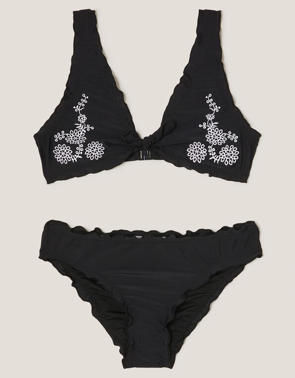 Embroidered Frill Bikini Set, Black (BLACK), large