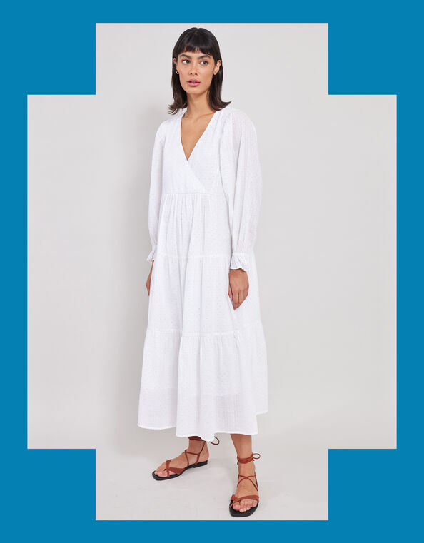 East Lesia Long Sleeve Tiered Midi Dress, White (WHITE), large