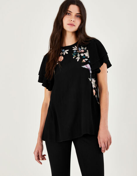 Esther Embroidered T-Shirt in Sustainable Viscose Black, Black (BLACK), large