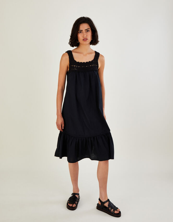 Crochet Trim Midi Dress in Sustainable Cotton, Black (BLACK), large