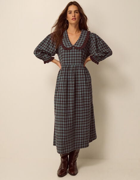 Ruby Collar Check Print Midi Dress, Blue (BLUE), large