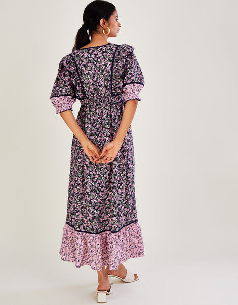 V Neck Blossom Print Dolly Dress Purple, Purple (PURPLE), large