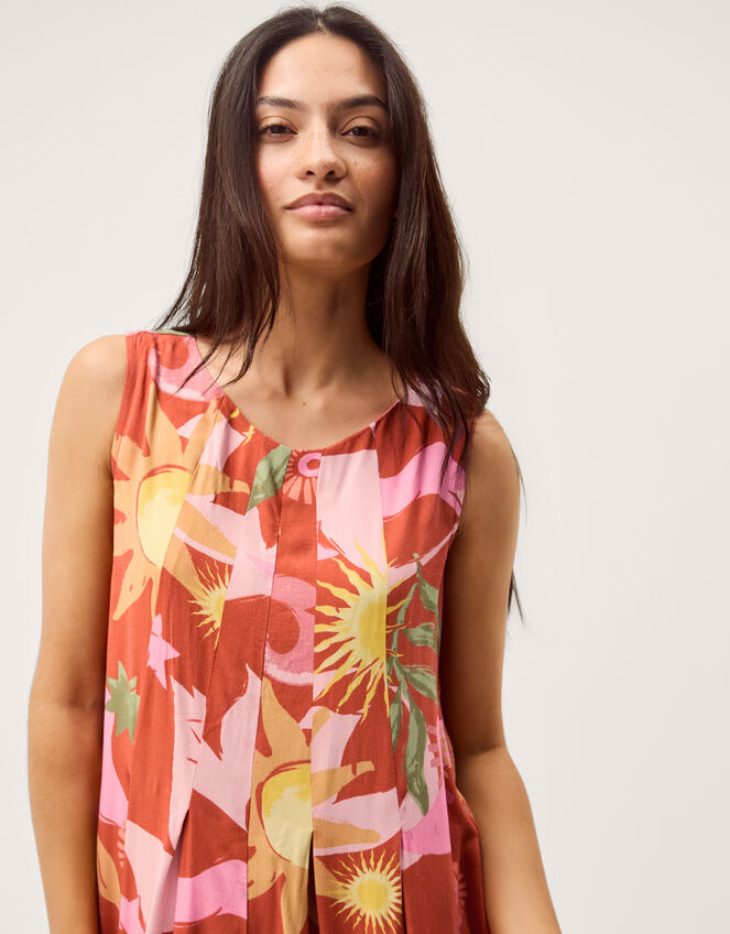 Anissa Sun Print Pleated Midi Dress, Orange (ORANGE), large