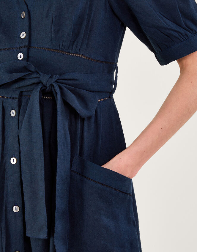 Cutwork Detail Tiered Dress in Linen Blend, Blue (NAVY), large